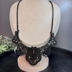 Gothic Owl Statement Necklace‎ 20 In | Black Filigree Bib | Witchy Dark Academia